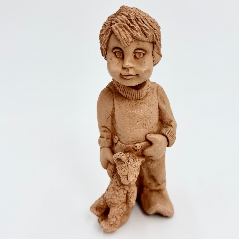 Vintage 1979 Abbey Press Boy with Teddy Bear Figurine Terracotta Brown 5.25"